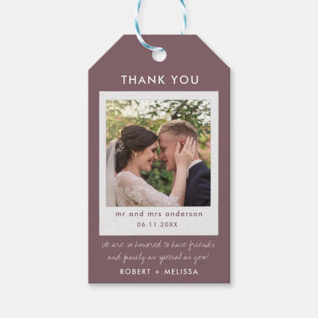 Tackpresentetiketter för bröllop med rosfoto presentetikett (Framsidan)