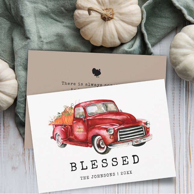 Tacksägelse Thanksgiving Röd Lastbil Pumpa Platt K (Blessed Thanksgiving Red Truck Pumpkins Flat Card)
