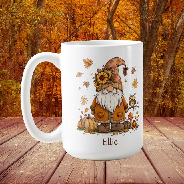 Tacksägelse Tomte Pumpa Höstlöv Kaffemugg (Autumn/fall gnome mug personalized with a name)