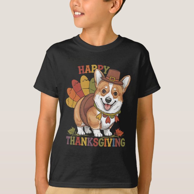 Tacksägelsedag Corgi Hund Kalkon  T Shirt (Framsida)