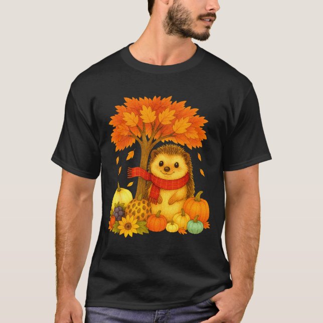 Tacksägelsedagen Höst Igelkott Löv Fall Träd  T Shirt (Framsida)