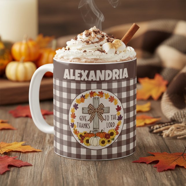 Tacksägelsedagen Tacka Herren Brun Plaid Kaffemugg (Skapare uppladdad)