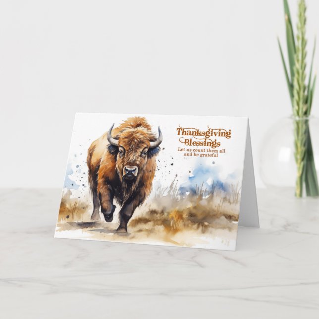 Tacksägelsedags Amerikansk Bison Buffel Akvarell Helgkort (Framsida)