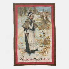 Tacksägelsedags hälsningar med en pilgrimskvinna kökshandduk