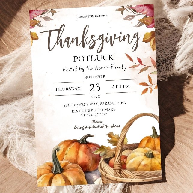 Tacksägelsedags Potluck Pumpa Höst Tacksam Rustik Inbjudningar (Skapare uppladdad)