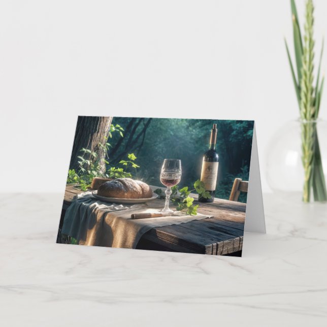 Tacksägelsedagsbord med vin i en skog kort (Framsida)