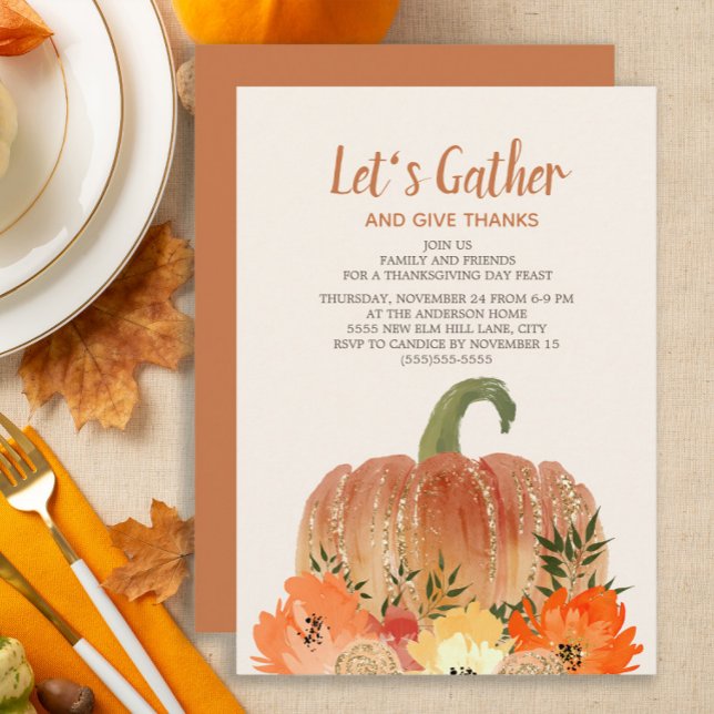 Tacksägelsemiddag Orange pumpor Guld Grön Inbjudningar (Autumn/fall pumpkins Thanksgiving dinner invitation)