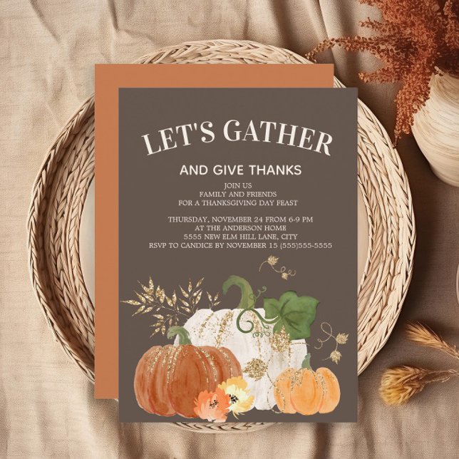 Tacksägelsemiddag Orange Vita pumpor Brun  Inbjudningar (Thanksgiving dinner invitation)