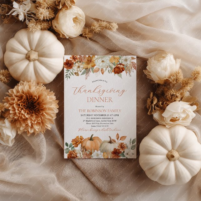 Tacksägelsemiddag Pumpa Höstlöv  Inbjudningar (Thanksgiving Dinner Invitation with pumpkins and fall leaves in earthy tones.)