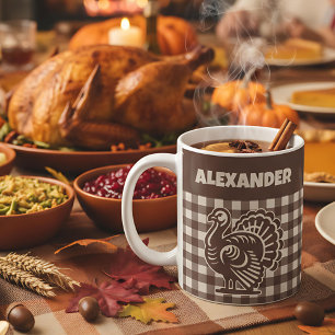Tacksägelsesturkey Brun och Tan-rutig Namn Kaffemugg