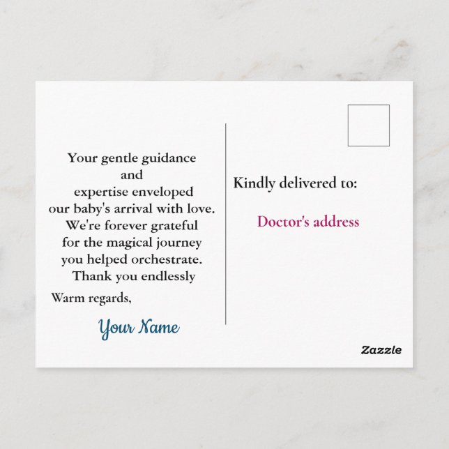 Tacksam för barnleverans vykort (Baksida)