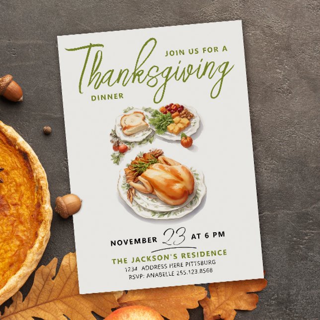 Tacksam Grön Thanksgiving Middag Vattenfärg Inbjudningar (Skapare uppladdad)