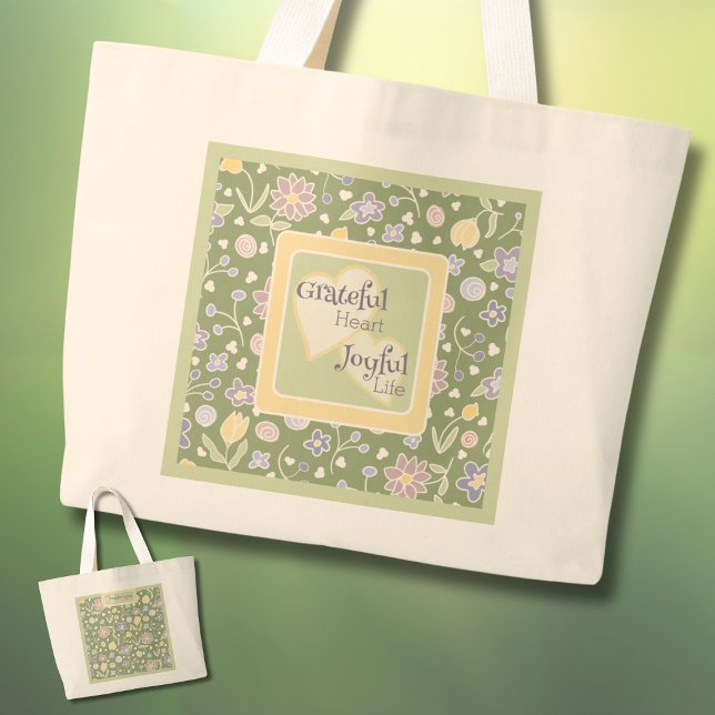 Tacksam Hjärtans Glädjefull Liv Personlig Toteväsk Jumbo Tygkasse (Grateful Heart Joyful Life Personalized Tote Bag – Floral Green Inspirational Gift)