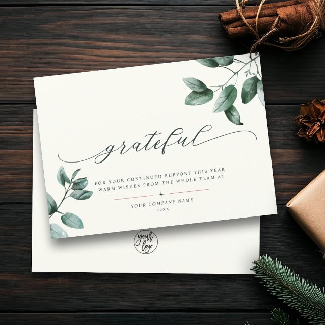 tacksam | Logotyp av Elegant Script Eucalyptus Bus Julkort (Skapare uppladdad)