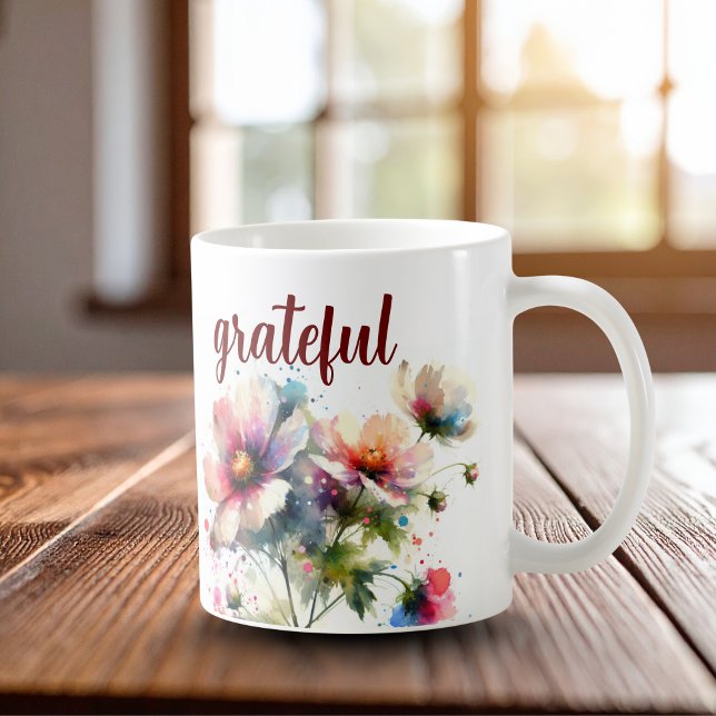 Tacksam Modern Kaffemugg (Floral And Script' Grateful')