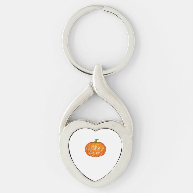 Tacksam och välsignad - Pumpa Höst Tackgivelse  Twisted Heart Silverfärgad Nyckelring (Framsidan)