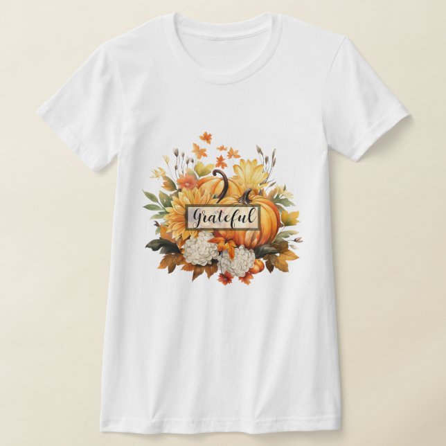 Tacksam Pumpa Blommig Höst Tacksgiving T Shirt (Laydown)