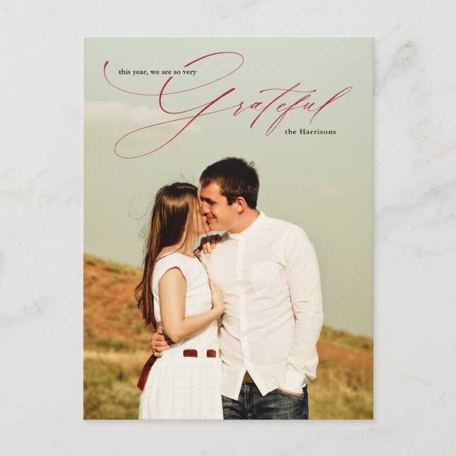 Tacksam Red Calligraphy Chic Fullt Photo Helgdag Vykort (Framsida)