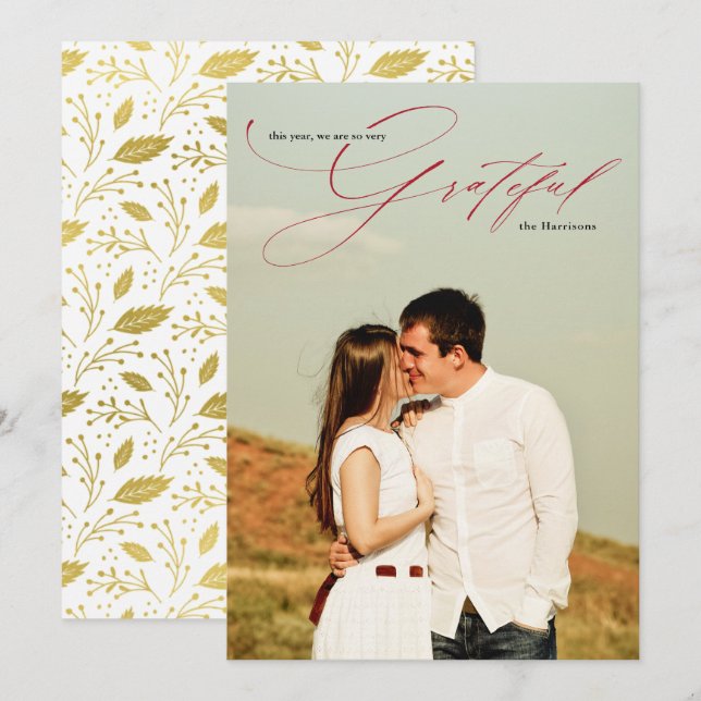 Tacksam Röd Skript Kalligrafi Full Foto Julkort (Fram/baksida)