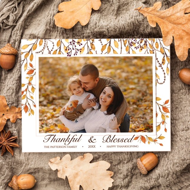 Tacksam & Salig Glad Thanksgiving Höstfoliage Vykort (Skapare uppladdad)