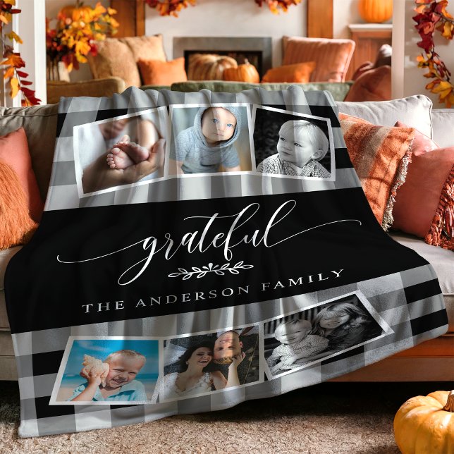 Tacksam svart karoad höst familj 6 fotocollage fleecefilt (Skapare uppladdad)