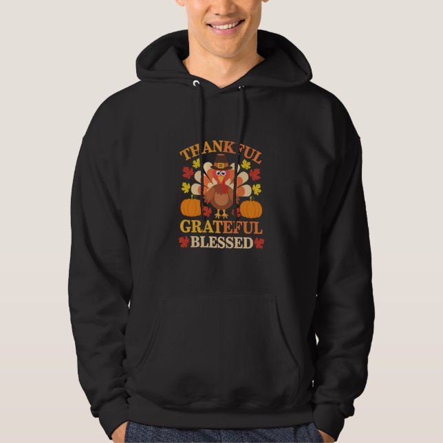 Tacksam Tacksam Salig Kalkon Tacksgiving Hoodie (Framsida)