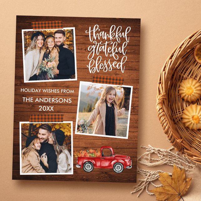 Tacksam Tacksam Salig Lastbil1 Plaid Thanksgiving Vykort (Customize to change your personalized text size or text style.)