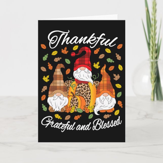Tacksam Tacksam Salig Tacksgiving Gnome Pumpa Kort (Framsida)