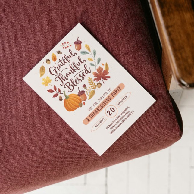 Tacksam Tacksam Välsignad blad Thanksgiving Höst Inbjudningar (Thankful Grateful Blessed leaf Thanksgiving Fall Invitation funny quote give thanks wreath autumn )