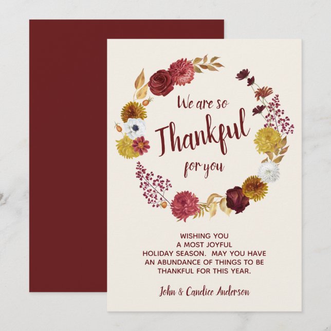 Tacksam Thanksgiving Burgundy Guld Blommig  (Fram/baksida)