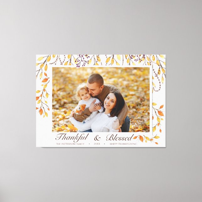Tacksam & välsignad Glad Thanksgiving höstlöv Canvastryck (Framsida)