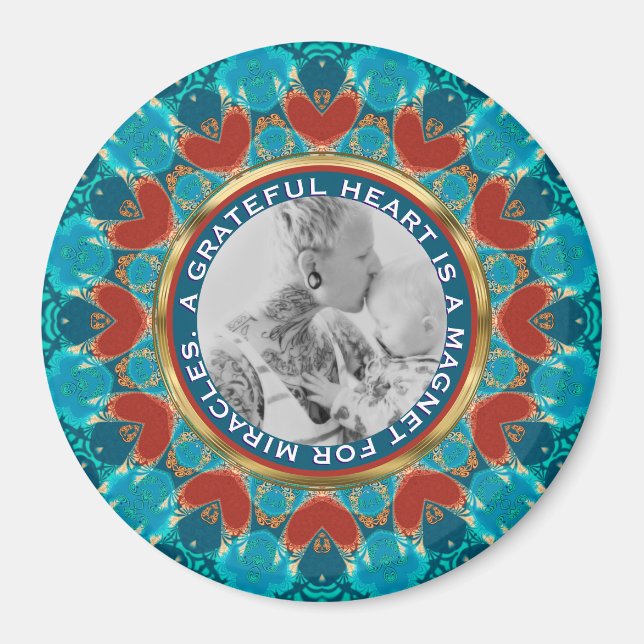 Tacksamhet Aqua Teal Mandala Anpassade Ord & Foto Magnet (Framsidan)