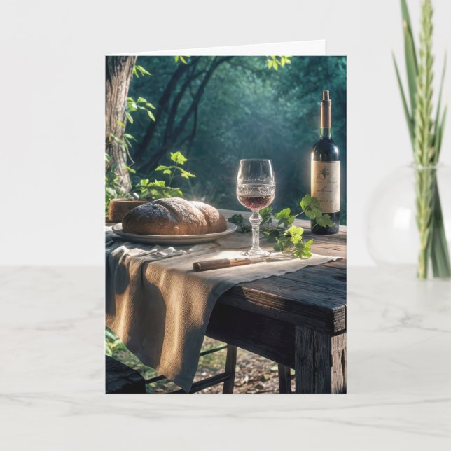 Tacksamhetens bord med vin i en skog kort (Framsida)