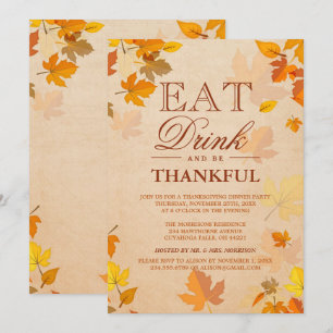 Tacksamma höstlöv Thanksgiving middag fest Inbjudningar