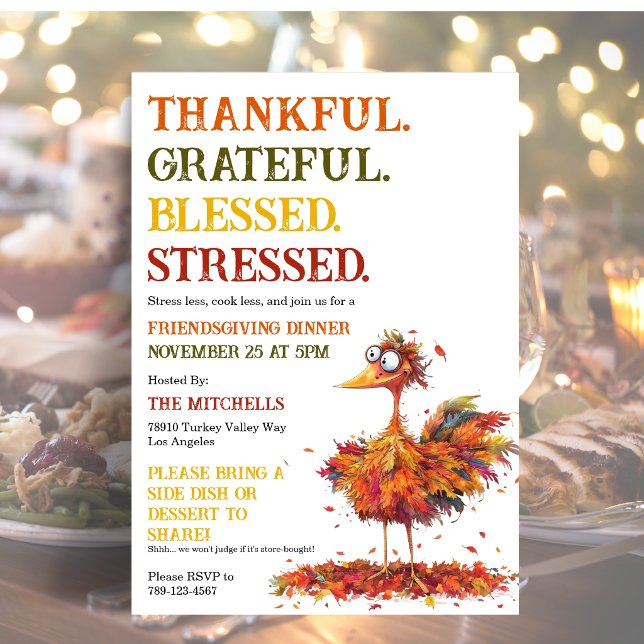Tacksamma Tacksägna Vänner tackgiving högtid Inbjudningar (Funny Friendsgiving invitation with retro Thankful Grateful Blessed Stressed and frazzled turkey.)