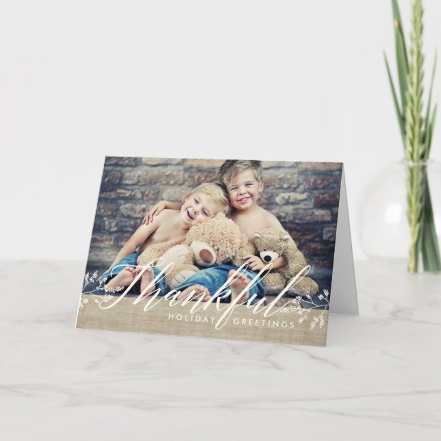 Tacksamt kort för happy thanksgivingfotoBurlap (Framsida)