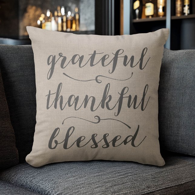 tacksamt, tacksamt, blankt, Rustic-skript - dämpad Kudde (Grateful Thankful Blessed Pillow)