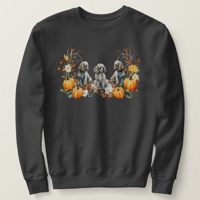 Tacksgiving Fall Pudel Hund med pumpor design  Lång Ärmad Tröja (Design framsida)