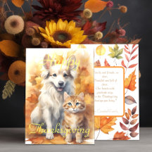 Tacksgiving med vit collie hund och tabby kattunge