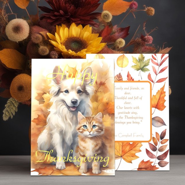 Tacksgiving med vit collie hund och tabby kattunge kort (Skapare uppladdad)