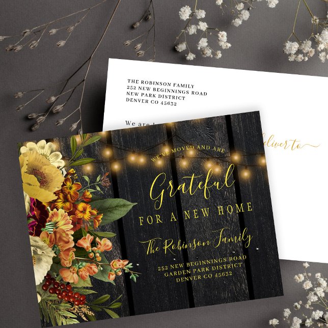 Tacksgiving ny hem för semestern flyttar meddelande vykort (Skapare uppladdad)