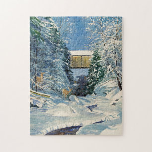 Täckt Bridge med Snö och Hjort at Stream Pussel