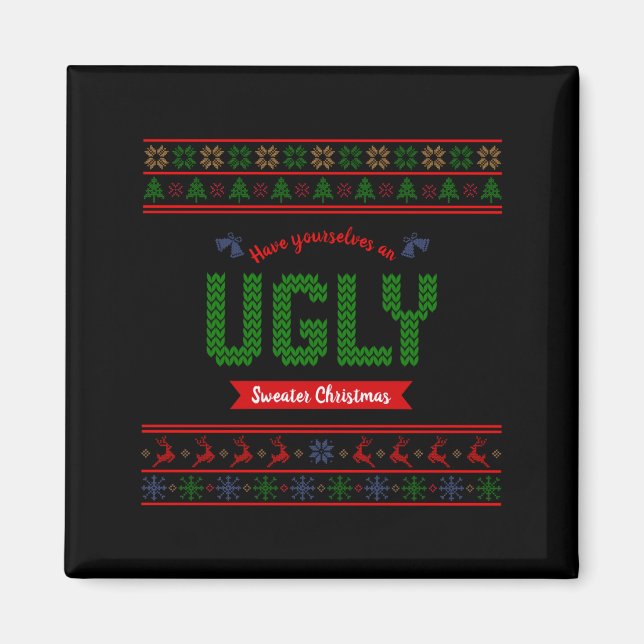 Tacky Christmas Nordic Knit Pattern Red Green Ugly Magnet (Framsidan)