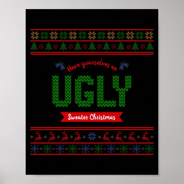 Tacky Christmas Nordic Knit Pattern Red Green Ugly Poster (Framsidan)
