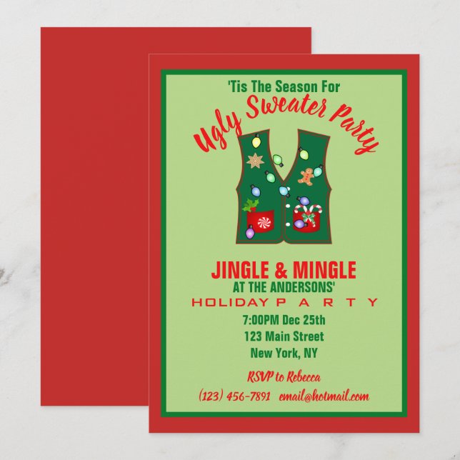 Tacky jul Ljus Ugly Sweater Party Inbjudningar (Fram/baksida)