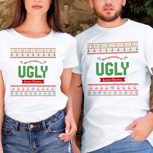 Tacky jul Nordic Sticka Mönster Red Grönt Ugly T Shirt (Skapare uppladdad)