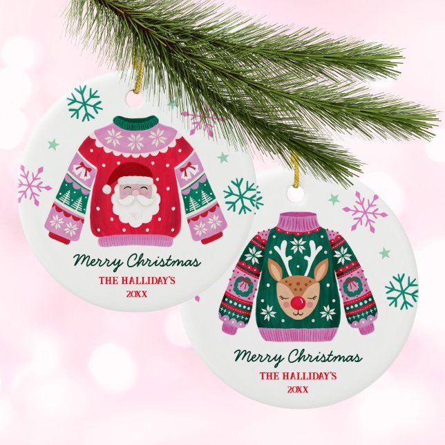 Tacky jul Sweater-familjen Namn Julgransprydnad Keramik (Tacky Christmas Sweater Santa Family Name Ceramic Ornament)