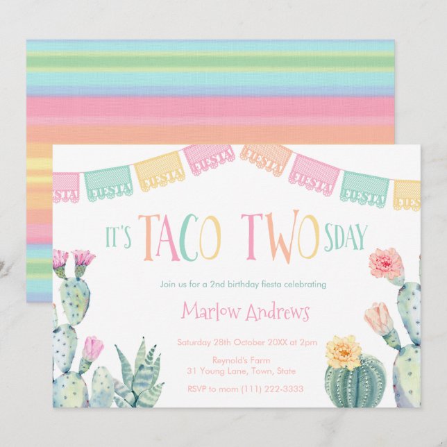 Taco 2:a födelsedagen 2:a Party Fiesta for Girl Inbjudningar (Fram/baksida)