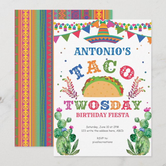Taco 2:a födelsedagen, Fiesta, Taco Twosday Inbjudningar (Fram/baksida)