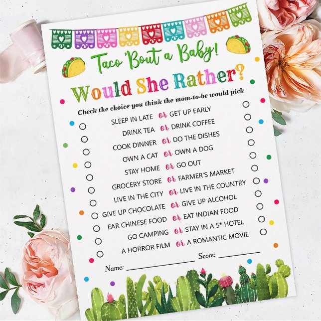 Taco Baby Shower, skulle hon hellre spela, Taco Bo Rådkort (Skapare uppladdad)